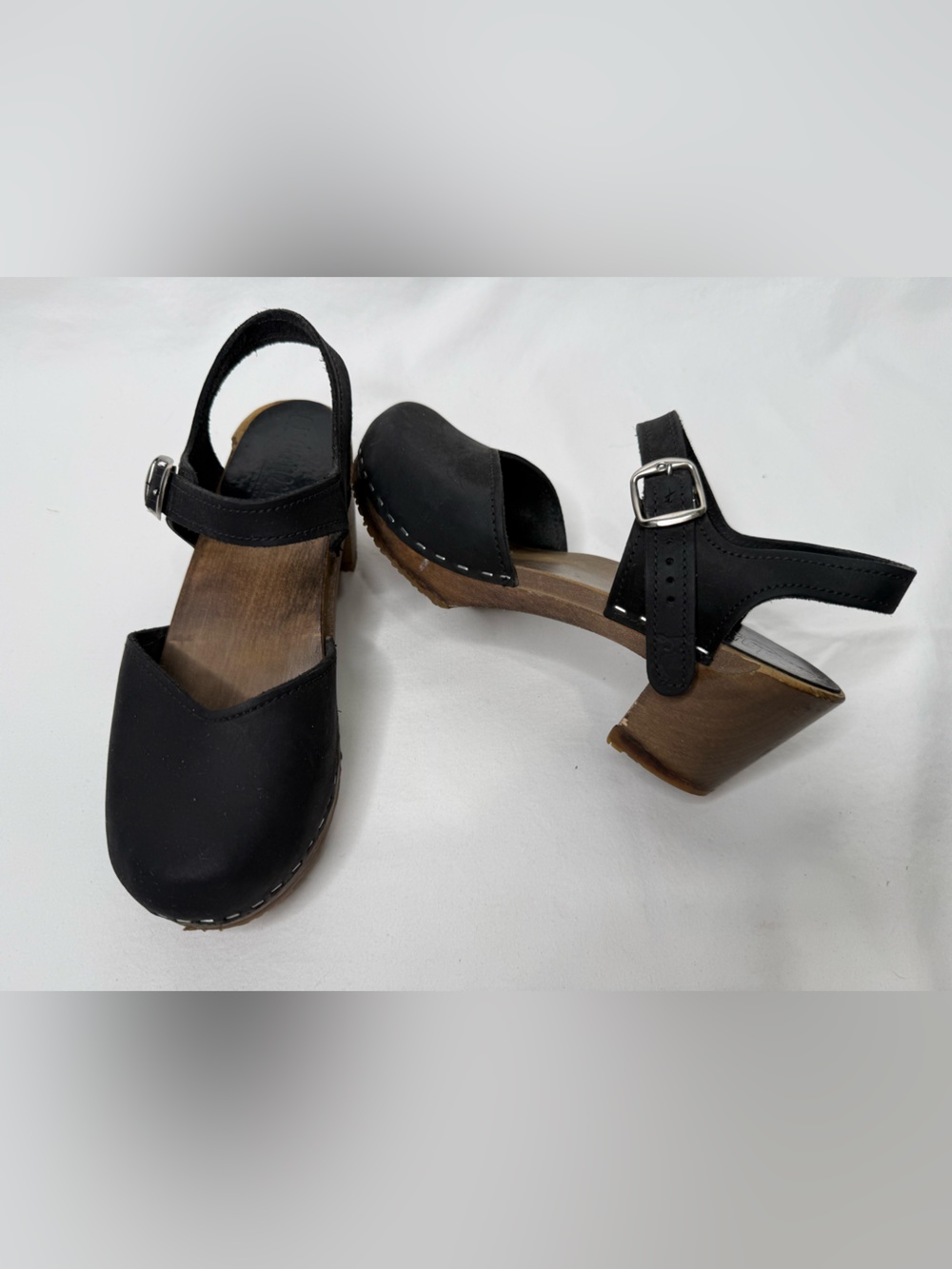 Sandgrens Victoria Clogs Black Leather EU 37 US 6-6.5 Swedish Wood Heel